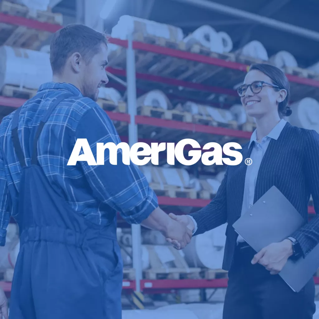 Amerigas logo over blue overlay photo of businessperson and propane distributor shaking hands.