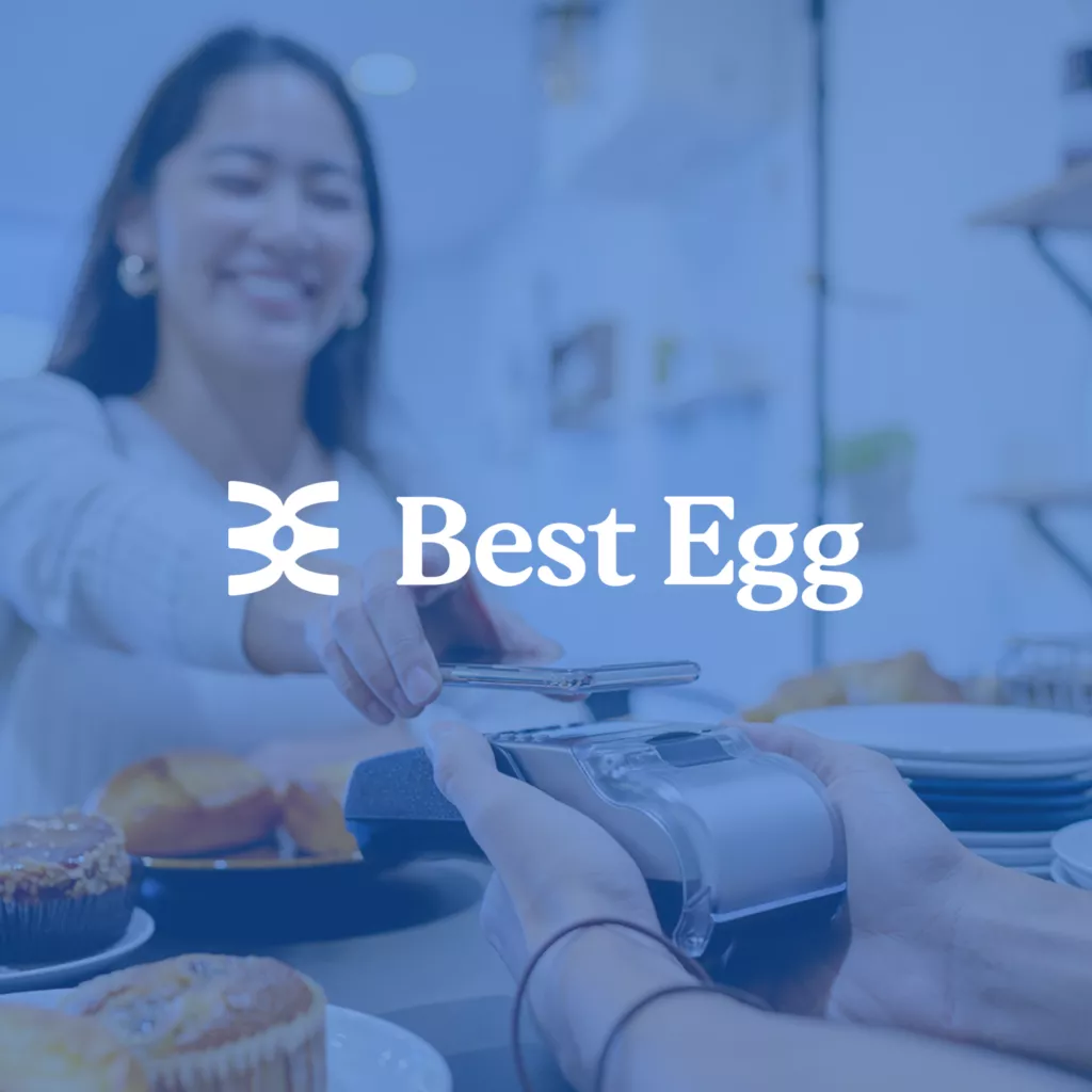 Best Egg logo over blue overlay photograph of woman at point of sale system.