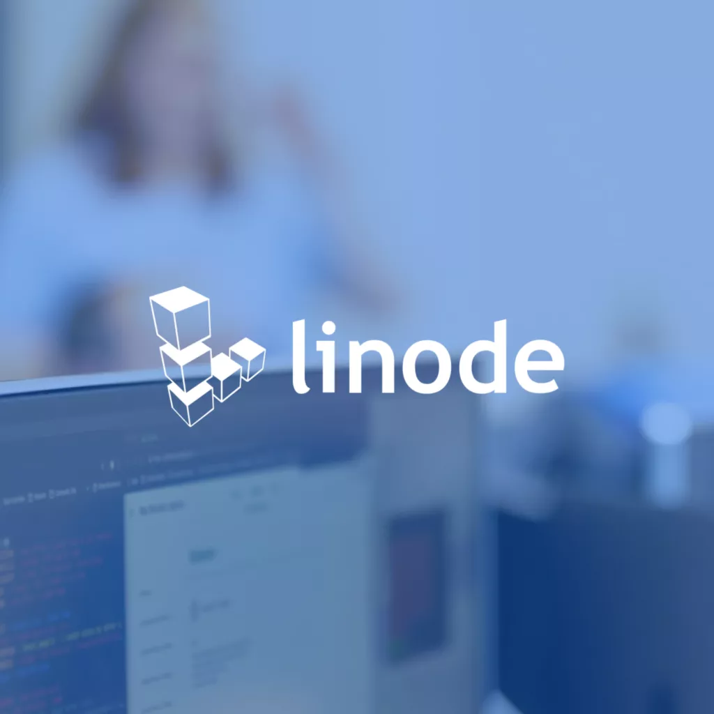 Linode logo with blue overlay photo of computer screen.