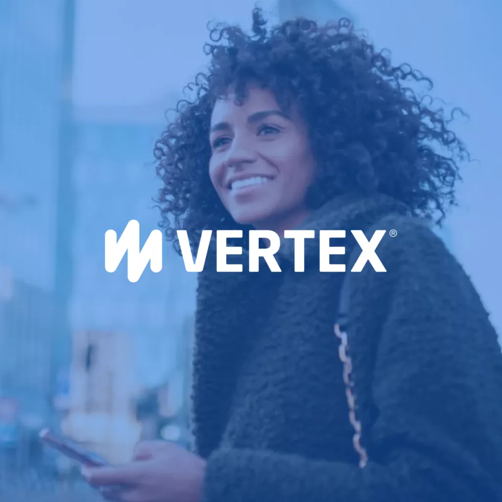 Vertex logo over blue overlay photo of woman smiling with phone in hand.