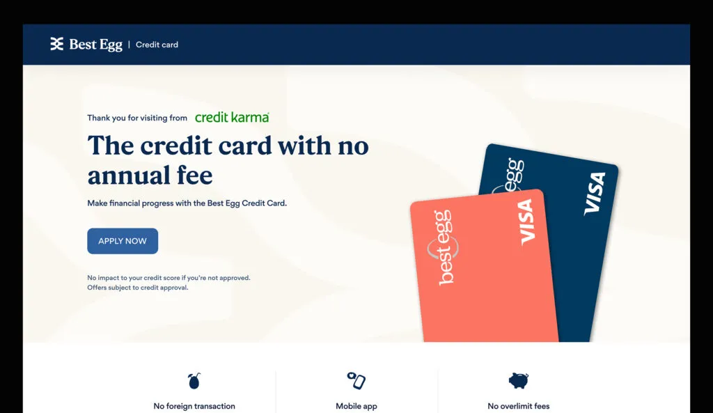 Best Egg landing page featuring a retargeting campaign to apply for a credit card with no annual fee.