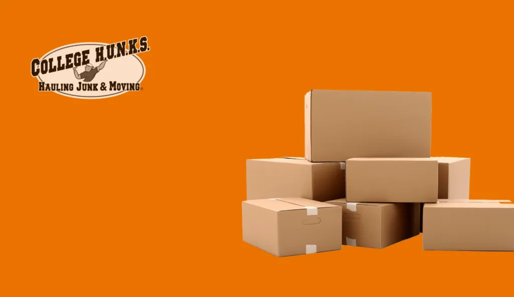 College Hunks Hauling Junk & Moving logo. Pile of cardboard boxes on orange backdrop.