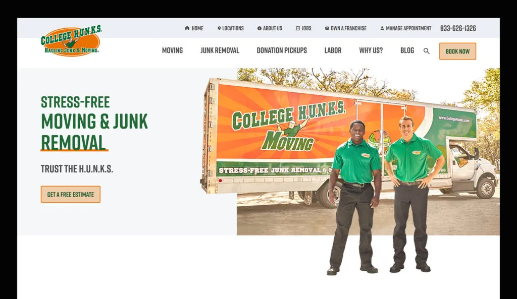 College Hunks Hauling Junk's homepage featuring how moving & junk removal can be stress-free. Users can interact with a free estimate button to get a quote.