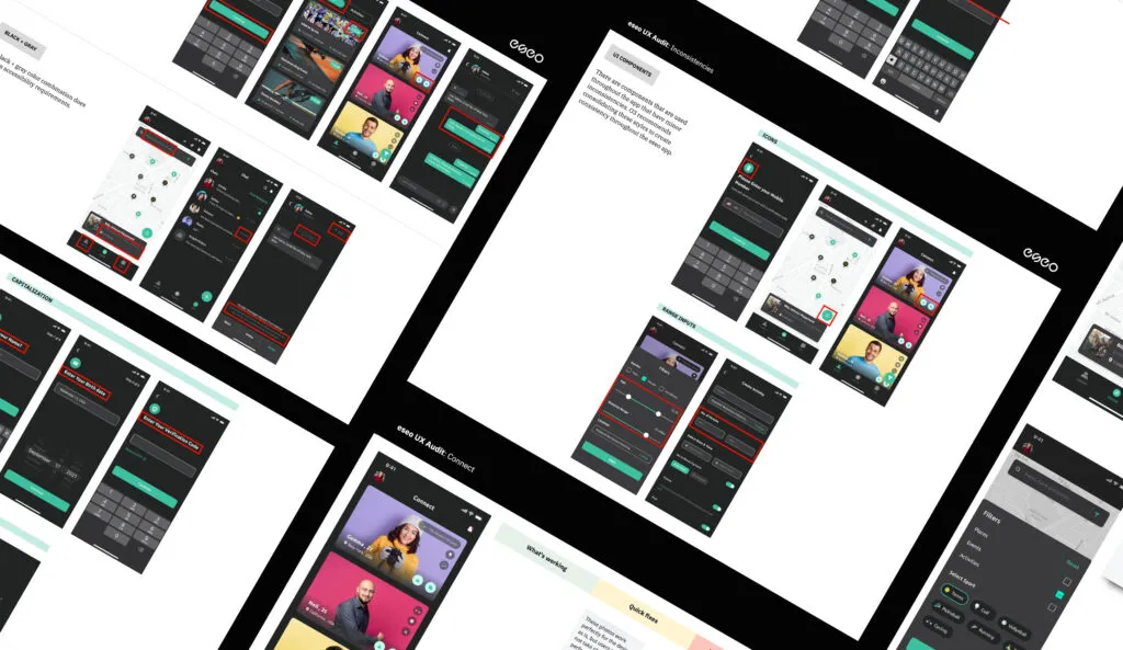 Various screenshots of Eseo's UX audit, highlighting better experiences that can be optimized in their mobile application.