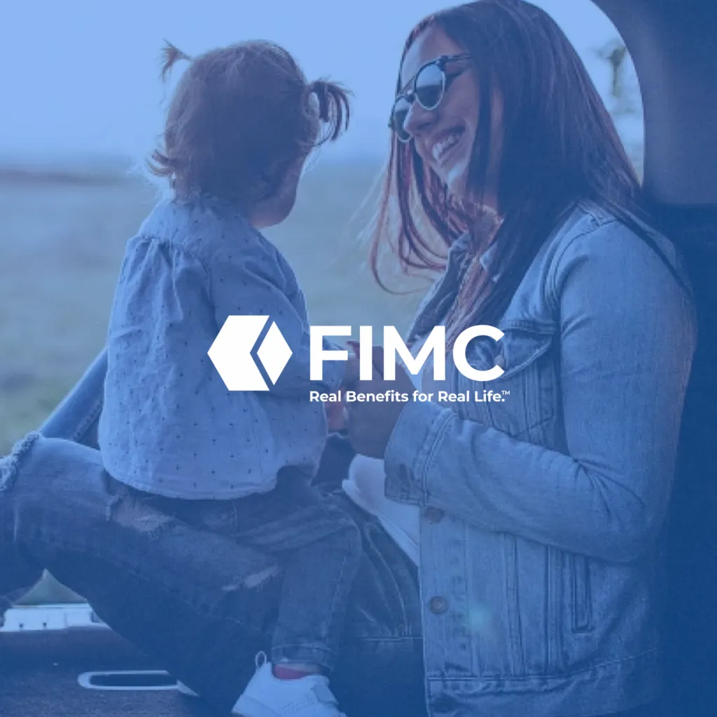 FIMC logo in front of blue overlay photo of woman smiling at child.