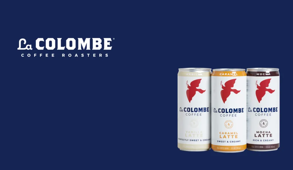 La Colombe logo with three La Colombe canned lattes.