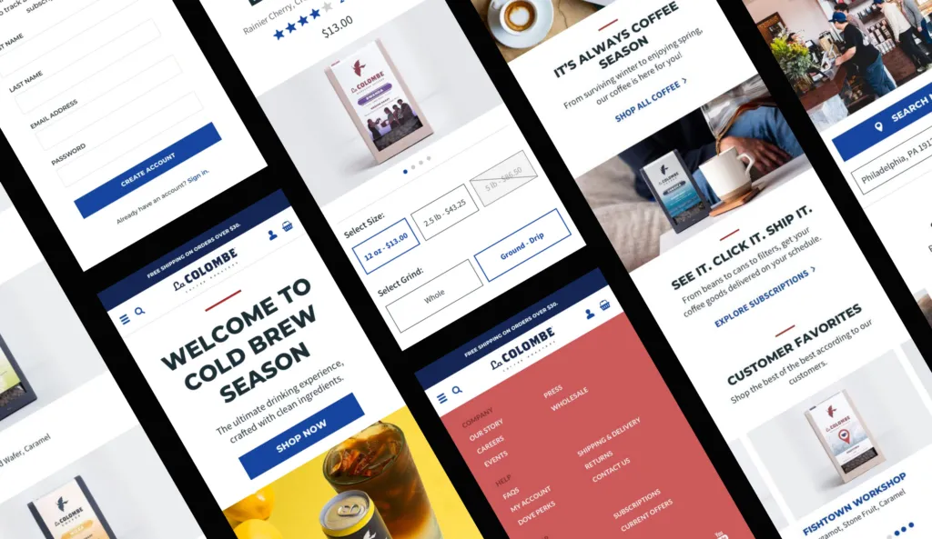 Collection of screenshots of La Colombe ecommerce solution on mobile.