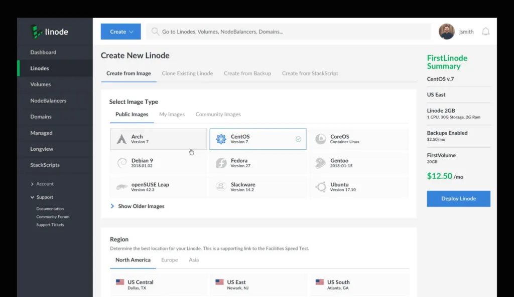 Screenshot. Create New Linode page on Linode platform.