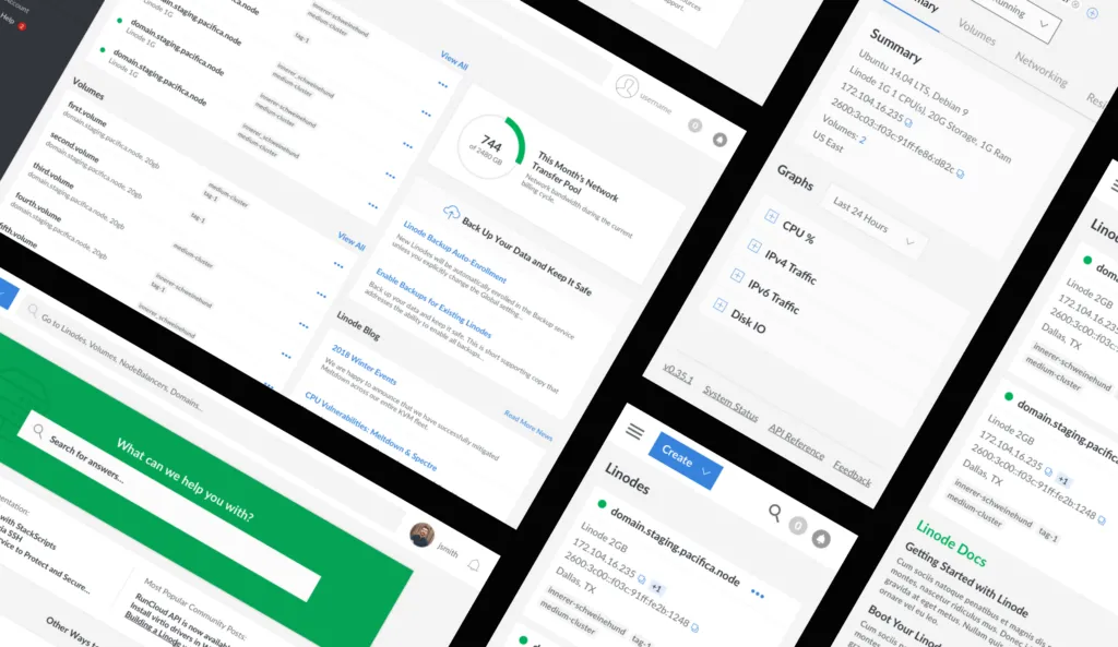 Collection of screenshots of Linode platform, both desktop and mobile.