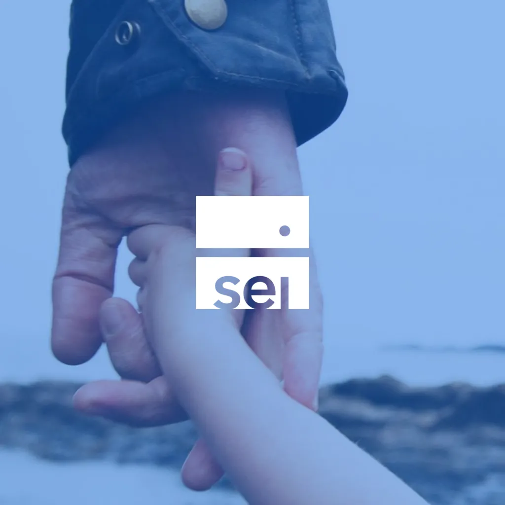 SEI logo. Blue overlay photograph of holding hands, one adult and one child.