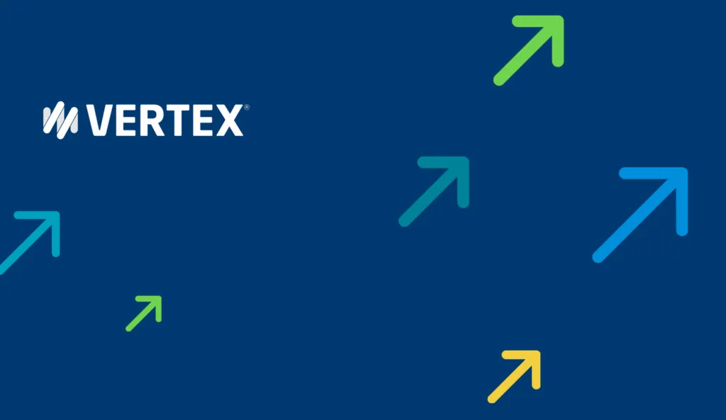 Vertex logo over graphical arrow patterns.