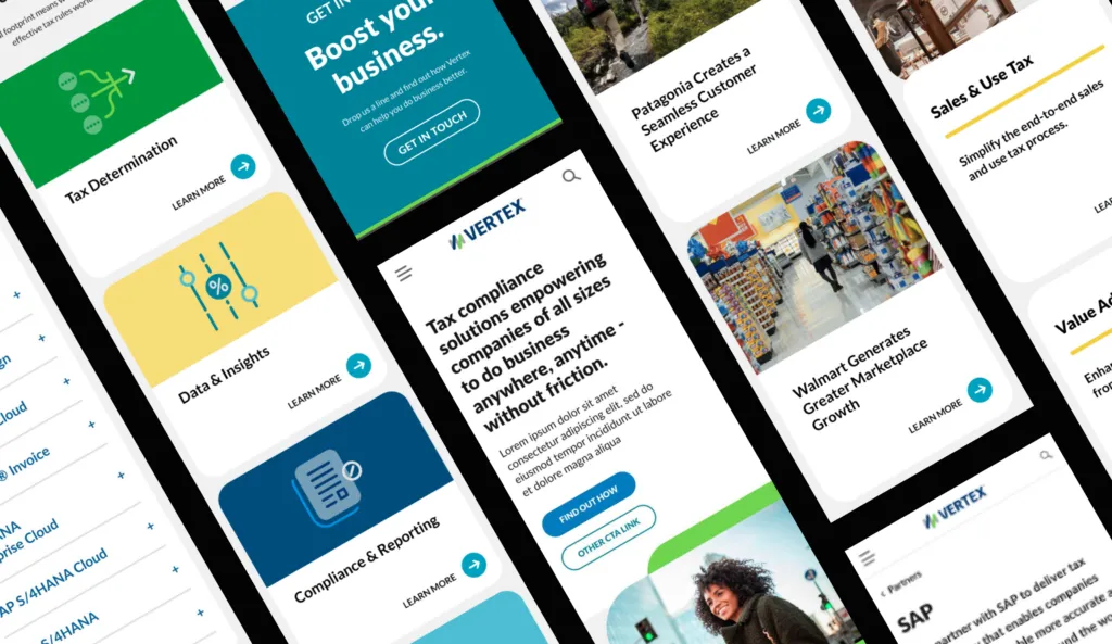 Collection of pages from the Vertex website on a mobile device.