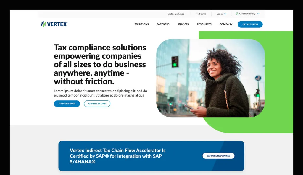Vertex landing page with headline, Tax compliance solutions empowering companies of all sizes to do business anywhere, anytime - without friction.