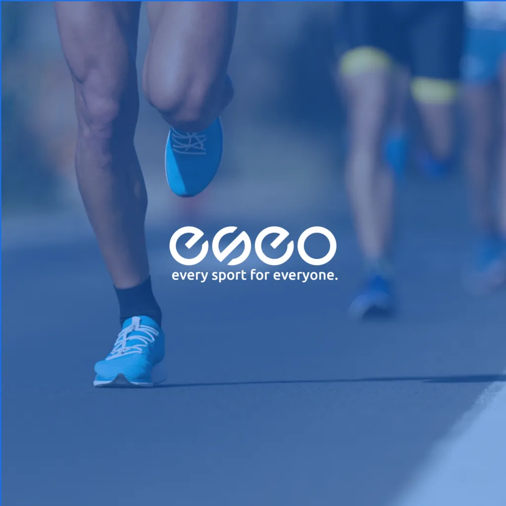 ESEO logo in front of blue overlay photo of legs running in a marathon.
