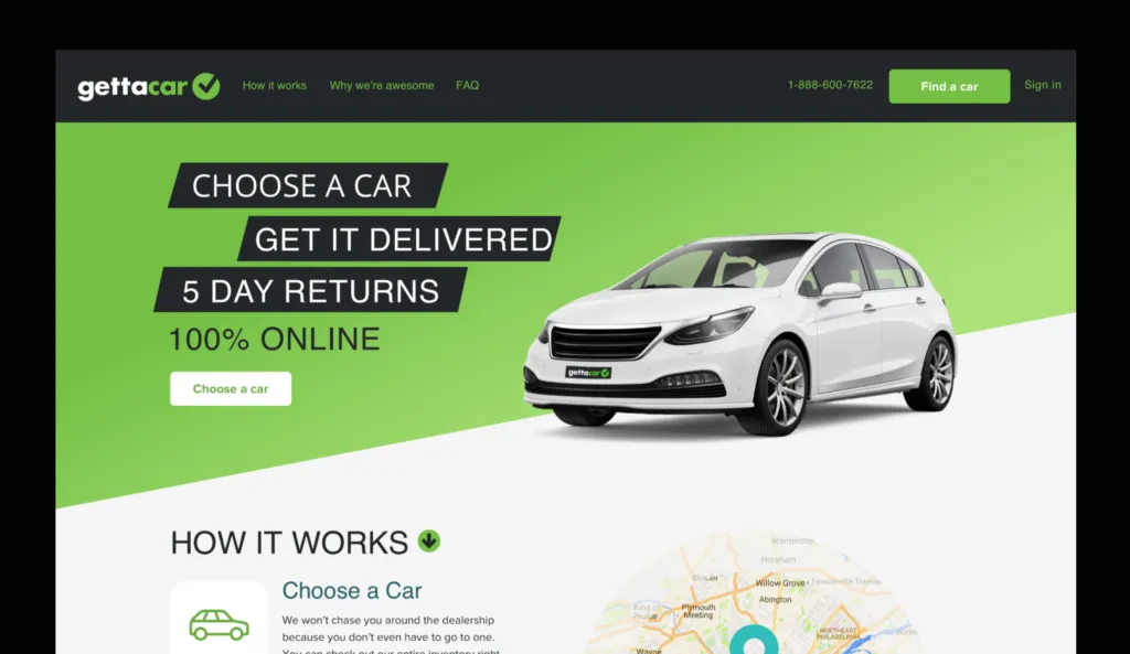 Screenshot. Gettacar landing page with headline, Choose a car. Get it delivered. 5 day returns. 100% online.