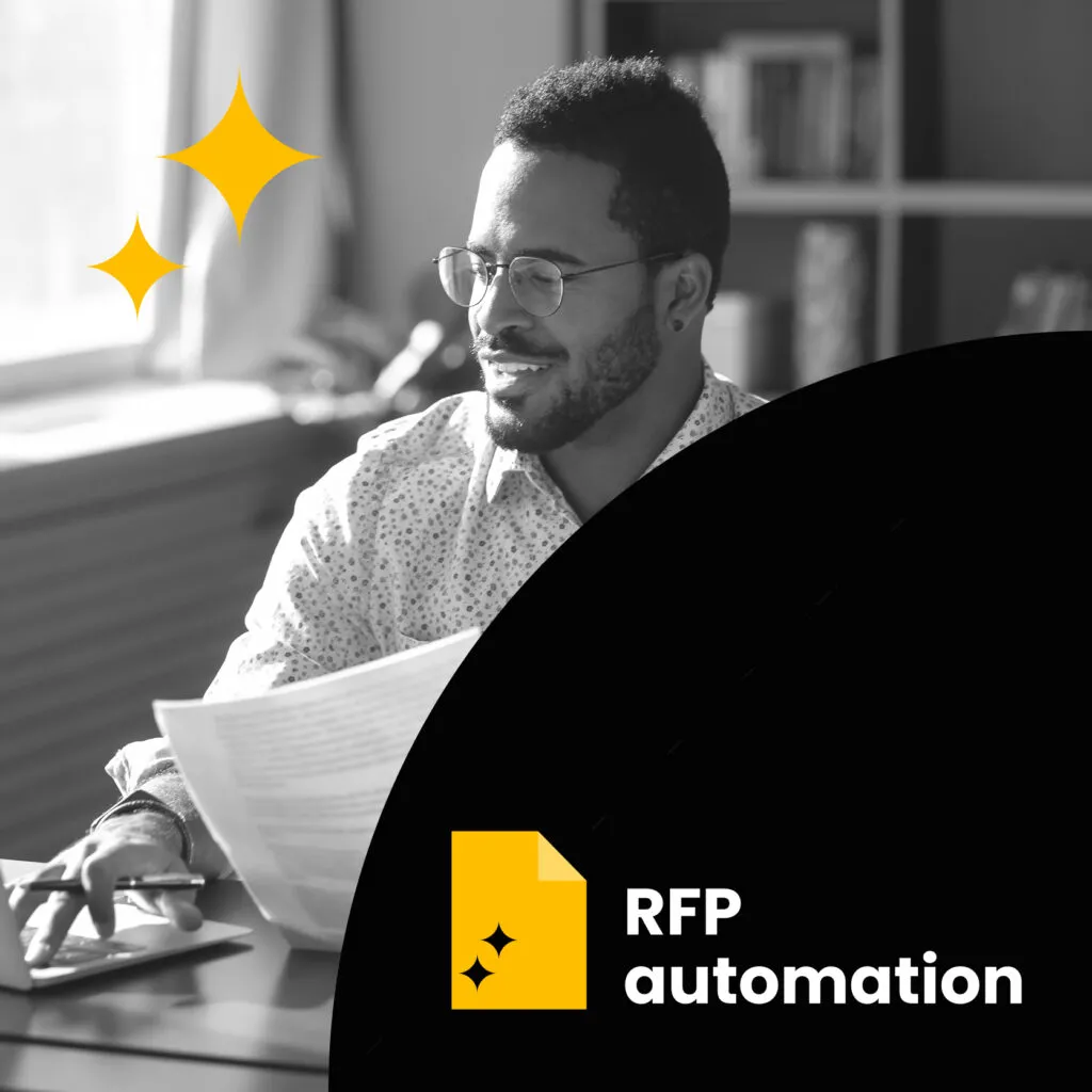 RFP automation case study man at a desk with papers and logo with AI symbol and words RFP automation