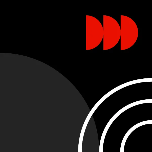 black square with red, grey and white semi circles